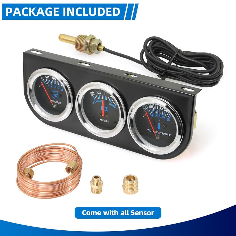 MH 2inch 52mm Triple Gauge Set, Oil Pressure Gauge Water Temp Temperature Ammeter AMP Car Auto 3 Gauges Cluster Set kit