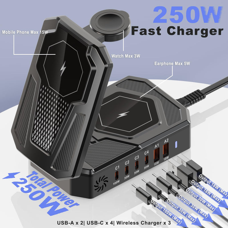 9-in-1 Magnetic Charging Station Foldable - 250W Hub with 100W USB-C for Laptops, 3-in-1 Wireless Dock for Phones/Watches/Earbuds