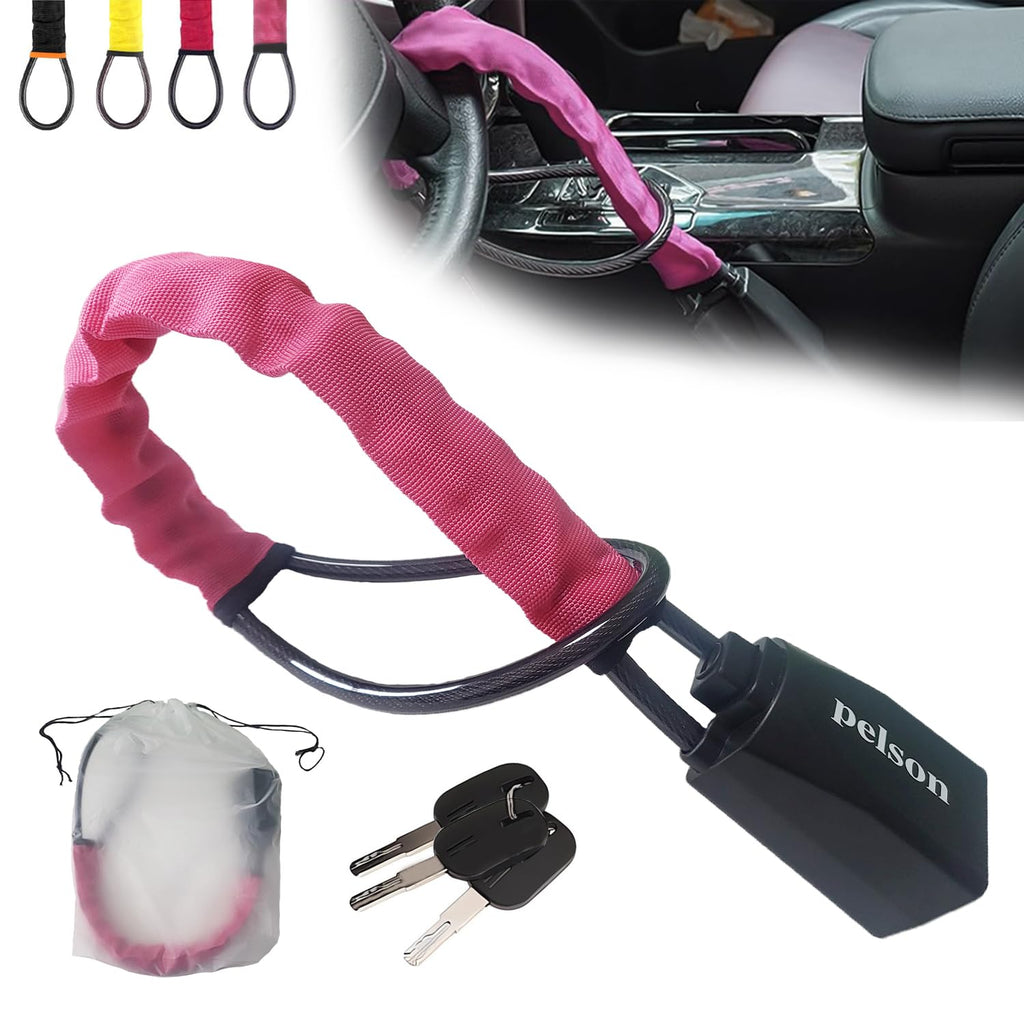 PELSON Steering Wheel Lock Car Anti Theft Device Max 18'' Length Car Lock with 3 Keys ABS Sturdy Seat Belt Lock for Car Security Fit Most Vehicles Truck SUV Van Golf Cart (Pink)