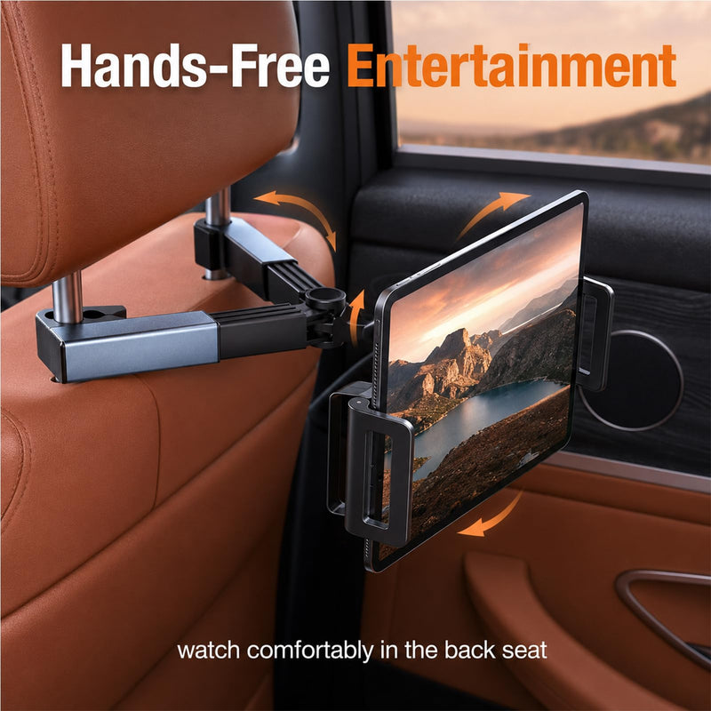 Car Headrest Tablet Holder Universal | For Backseat Entertainment, 360 Rotating Mount with Metal Hooks, Fits 4.7-11 Inch Tablets and Phones, No Tools Needed