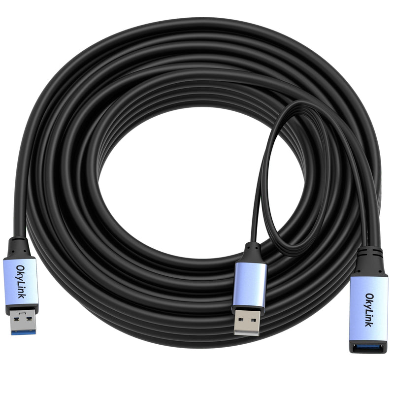 OkyLink Active USB 3.0 Extension Cable A to A, Male to Female 30ft | 10m, 3.2 Gen1, with Power Cable, 5Gbps, Plug and Play,for Long Range CCTV, Scanner USB3.0(5Gbps) 32ft (10m)