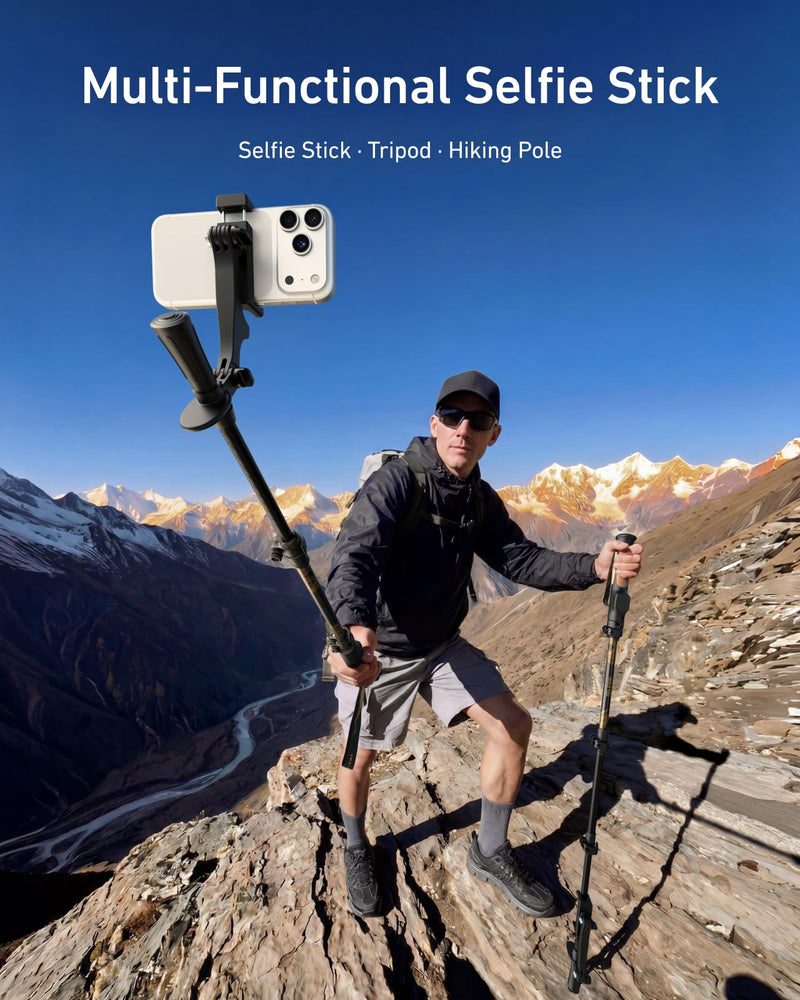 TELESIN TrekShot Carbon Fiber Selfie Stick Tripod, 3-in-1 Hiking Stick Pole | 58" Extendable Phone Tripod for iPhone & Action Cameras, Solo Travel Vlog Monopod for Trekking, Camping, Outdoor Creators