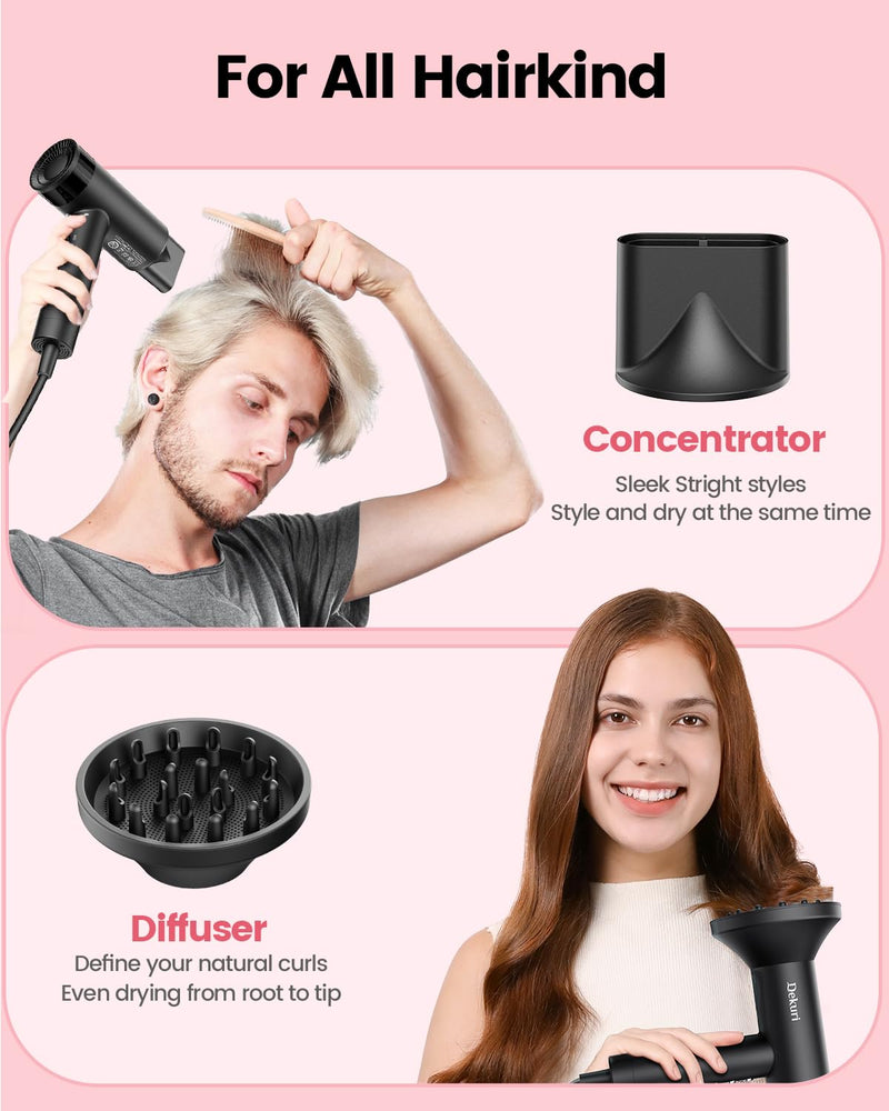 Dekuri Hair Dryer, 110,000 RPM High Speed Motor Hairdryer for Ultra-Fast Drying, 200M Ionic Care for Smooth & Shiny Hair, Lightweight with Magnetic Nozzle & Diffuser (Midnight Black) Midnight Black