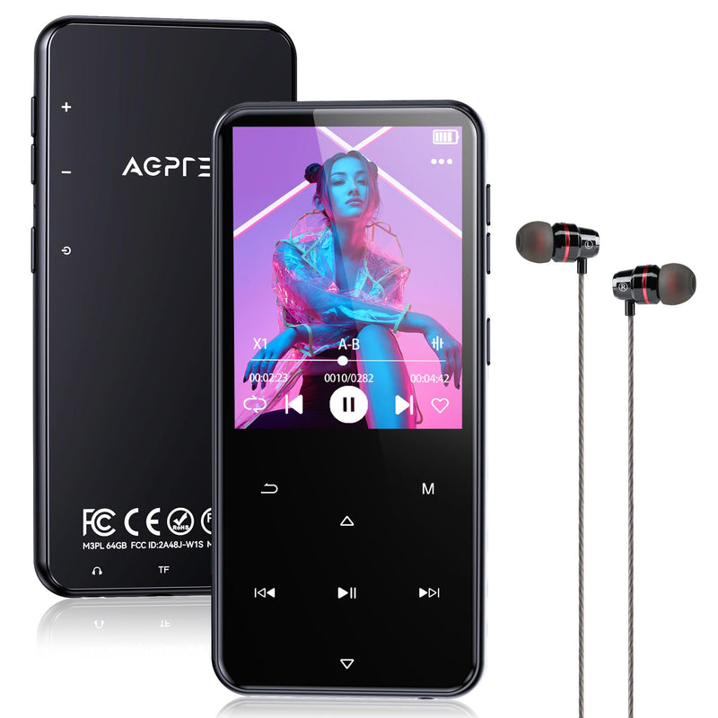 AGPTEK 64GB MP3 Player with Bluetooth, M3 2.4 inch Music Player with Speaker and FM Radio, Touch Buttons, Supports Up to 128GB