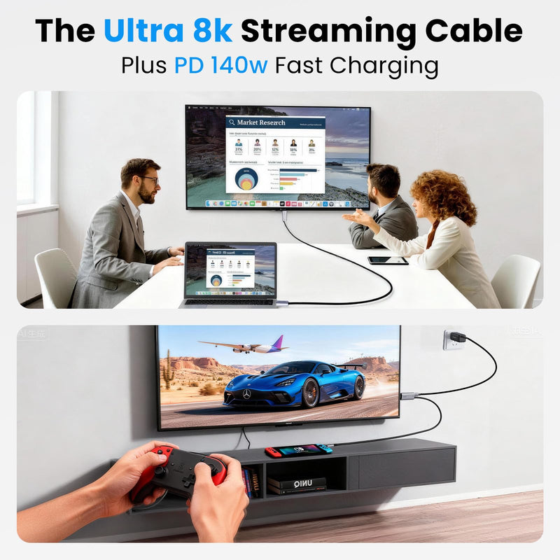 8K USB C to HDMI 2.1 Cable, 4K@240Hz with 140W Charging | 8K@60Hz/4K@240Hz, PD 140W charging, for MacBook/iPad/iPhone/Switch 2, plug & play, portable for TV/gaming, 6.6ft braided
