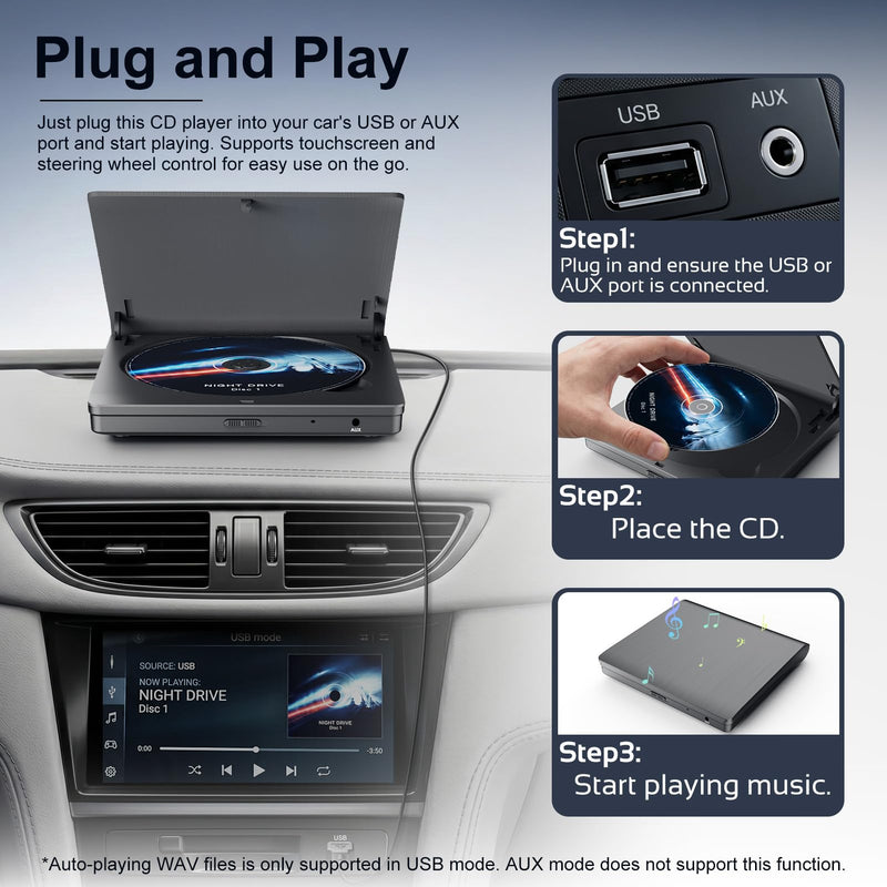 External CD Player for Car, USB/AUX Connection, Universal Compatibility | Portable, Anti-Skip, Shockproof, Vehicles, Resume, Steering-Wheel Remote, Compact Design, Hidden Cable, Plug & Play