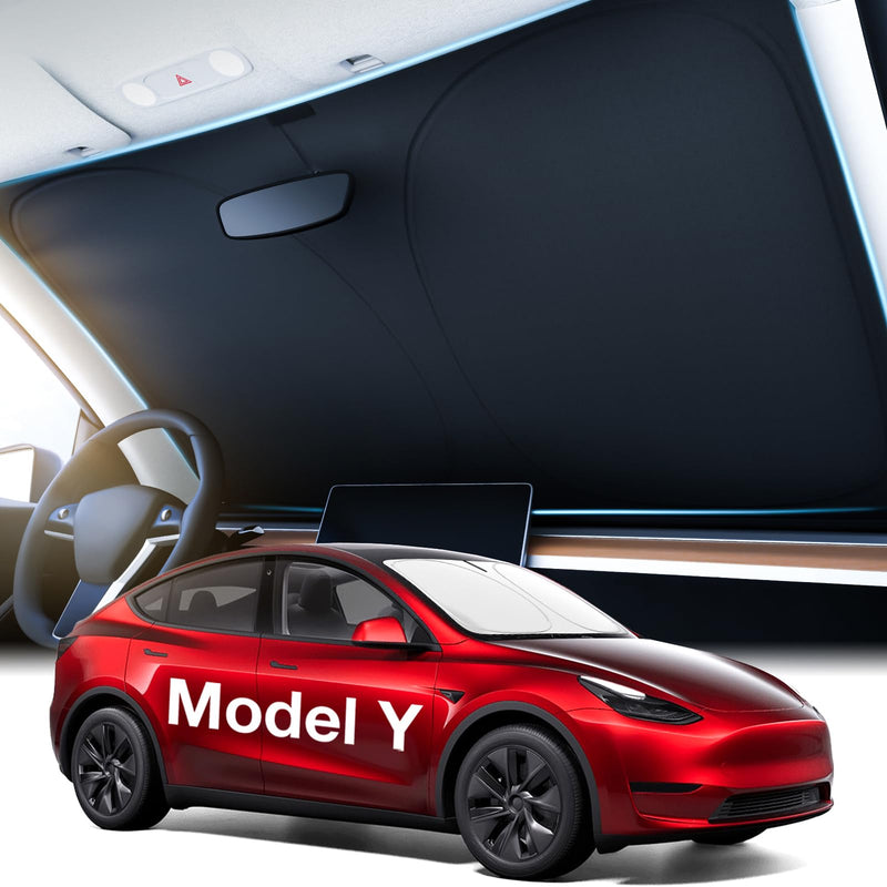 2024 Upgraded Tesla Model Y Windshield Sunshade [OEM Design, 100% Sun Blockage] Foldable Heat Insulation Sunshade with Storage Bag, for Model Y 2016~2025 Model Y (2016-2025)