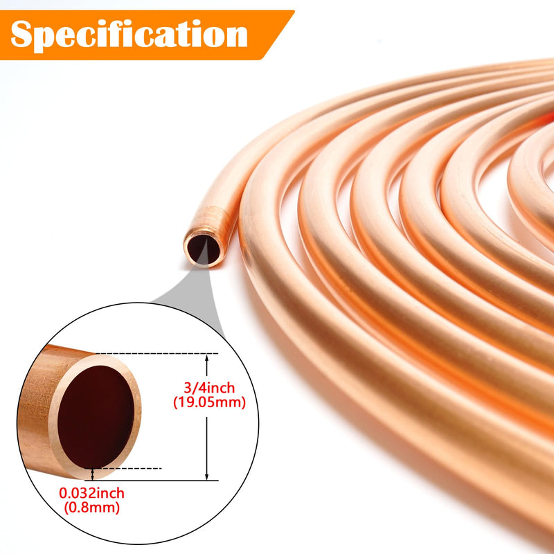 3/4" OD x 5 Ft Copper Tubing, 99.9% C12200 ASTM B280, T2 Pure Copper Tube, Refrigeration ACR Tubing, HVAC, Refrigerators, Industry, DIY 3/4" OD
