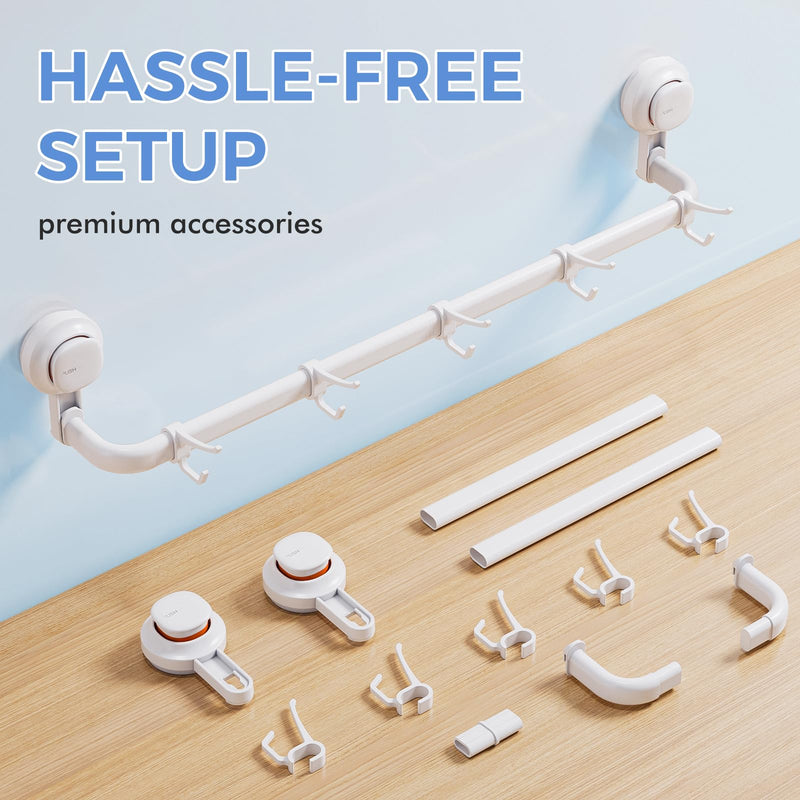 LUXEAR Suction Cup Towel Bar, 24 inches Adjustable Towel Rack Holder, No Drill & Removable Bathroom Towel Holder with 5 Sliding Hooks, Wall Mounted Towel Hanger for Shower Room, Kitchen, Door - White