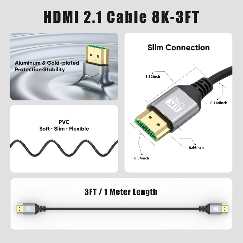 8K Slim HDMI Cables 3FT 5-Pack, 48Gbps Ultra High-Speed, HDMI 2.1 Cord Supports VRR, ALLM, eARC, HDCP2.3, Dolby Atmos & DTS:X, HDR10+ for TV, Monitor, Computer, Laptop, Projector, PS5, Xbox Grey