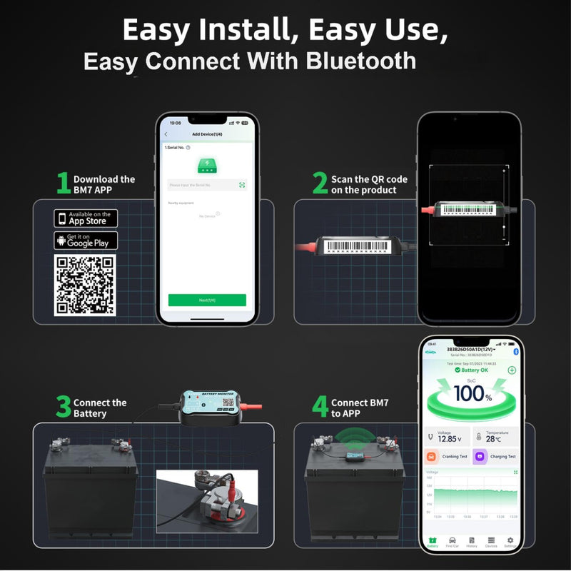 6V 12V 24V Bluetooth Battery Monitor BM7–Work for All Lead-Acid & Lithium Battery with Charging, Cranking System Test & Auto Alarm – Waterproof Voltmeter for Cars, Vans, Trucks, Motorcycles, Boats For 6-24V Lead-Acid & Lithium Battery