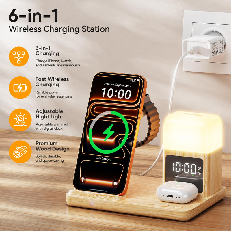 6 in 1 Wireless Charging Station with Clock & Night Light，Alarm Clocks for Bedrooms,Wireless Charger Stand with Beside Clock for iPhone 17/16/15/14/13/12 Pro Max, Apple Watch,Airpods (Wood) Wood