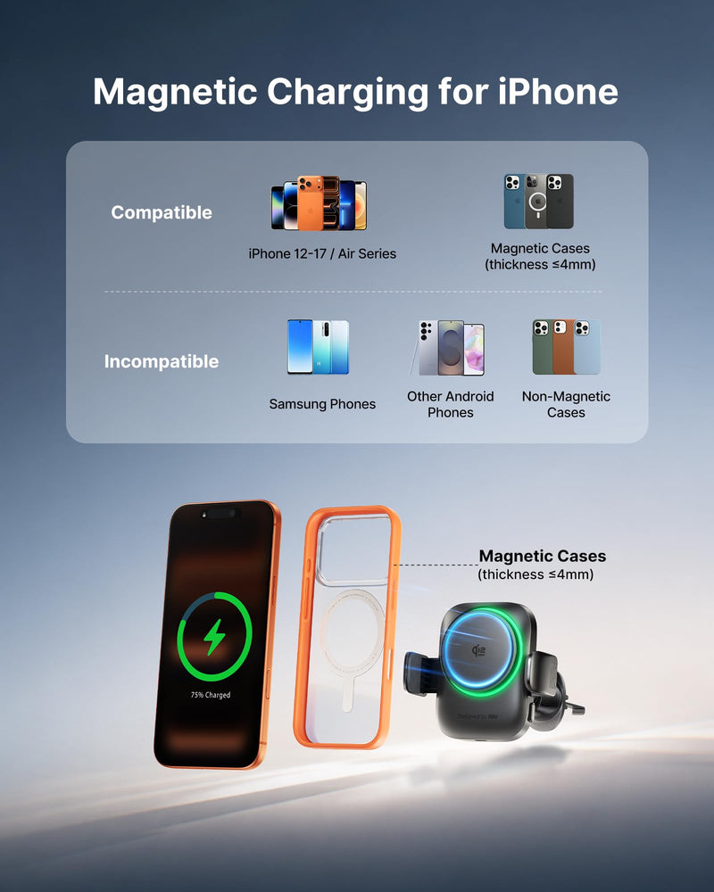 INIU MagSafe Car Mount Charger, Original Qi2.2 Certified 25W Fast Charging | 3-in-1 Magnetic Wireless Charger, Cooling Fan to Extend Battery Life, Extra Clamp for Bumpy Road, for iPhone 17-12 Series