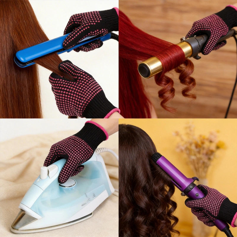 Heat Resistant Gloves 2 Pcs, Double Sided Non Slip Silicone Bumps Heat Glove, Pink Elastic Heat Proof Gloves for Hair Tools, Curling Iron Wand, Hair Straightener, Hot-Air Brushes, Hair Dryer