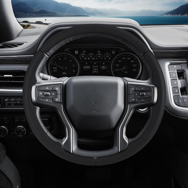 Steering Wheel Cover for Chevy Silverado 1500 2019-Present/ 2500 3500 2020-Present/Blazer 2019-Present (Gasoline Models)/ Suburban Tahoe 2021-2024, Car Steering Wheel Cover Accessories for Chevrolet Black Leather For Silverado 1500 2019-Now
