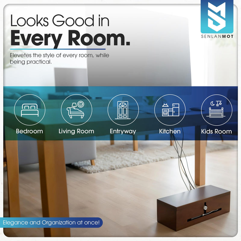 Wooden Cable Management Box – Modern Wire Organizer Box & Power Strip Cover for Home or Office | Large Cable Hider for Wires, Chargers & Extension Leads – Home Organization Storage dark Browm