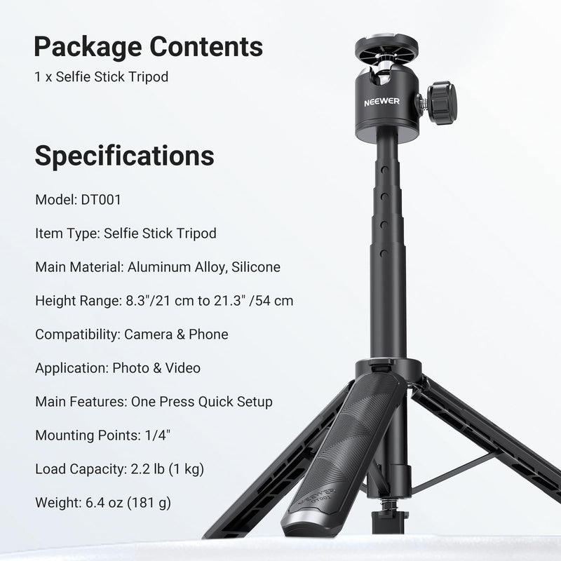 NEEWER Basics Extendable Selfie Stick Tripod, Metal Portable Stand Handle Grip Compatible with Canon G7X Mark III Sony ZV-1 RX100 VII A6400 A6600 Nikon Camera Webcam for Vlogging, DT001