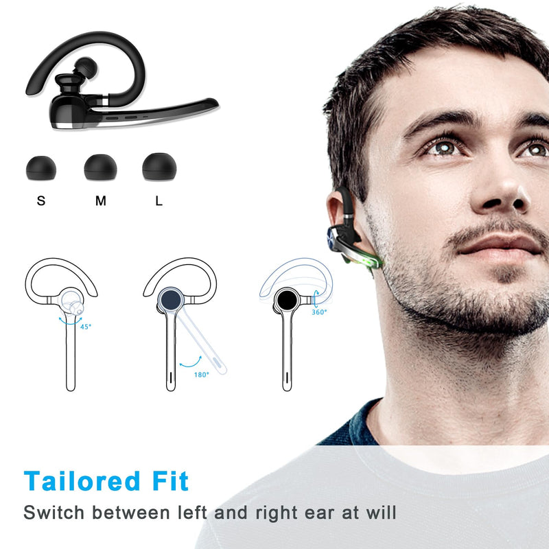 HEIBAS Bluetooth Headset, Wireless Earpiece with Mic for Work | 72H Playtime, 500mAh Charging Case, Hands-Free Calling with Mute Button for Work, Trucker, Office, Driving, iPhone, Black