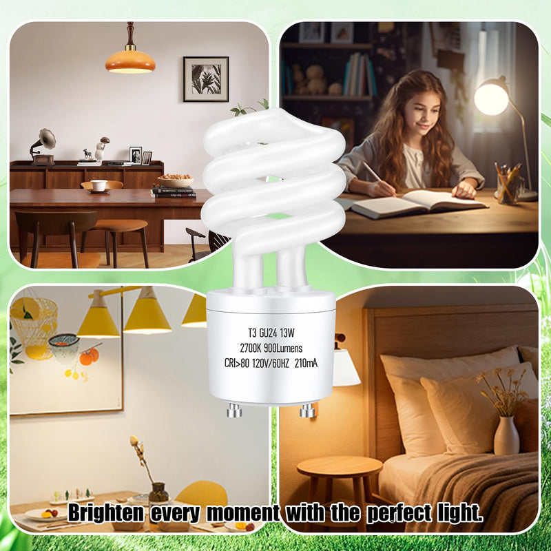 GU24 13Watt 2700K 900lm CFL Light Bulbs, T3 Spiral Gu24 Base 2 Prong (60W Equivalent) Soft White Compact Fluorescent Light Bulbs, UL Approved, 120v 60Hz, Self Ballasted, Indoor Use (8 Pack) Pack of 8