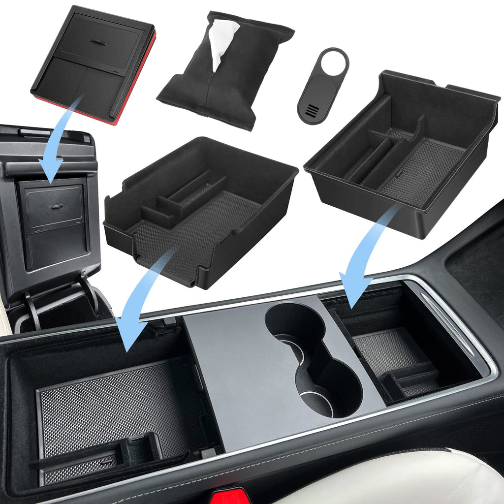 5Pcs 2023 Upgraded Center Console Organizer Tray Compatible for Tesla Model 3 Model Y Accessories 2023 2022 2021 Armrest Hidden Drawer Storage Box 1PC Webcam Cover 1PC Tissue Holder 5 Pack