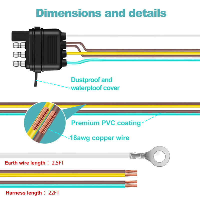 22FT 4 Pin 5 Wire Trailer Wiring Harness Protected by Nylon Net Tube, Utility Pure Copper Boat Trailer Wiring Kit for Trailer Tail Light Rewiring, Waterproof 4 Pin 5 Wire Trailer Connector