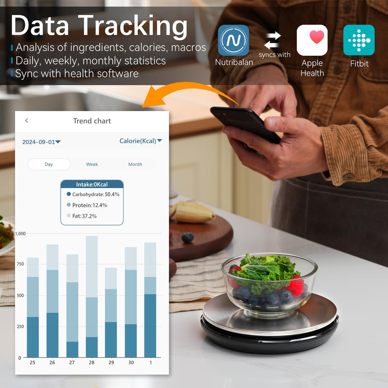 Smart Nutritional Scale, 0.005oz / 0.1g High Precision, Free APP with Nutrients Tracking, Calorie, Marco, Ounces and Grams, for Kitchen, Weight Loss, Meal Prep, etc. Black & Grey