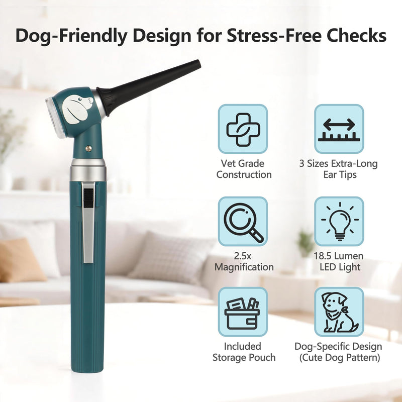 Pocket Veterinary LED Otoscope - Pet Ear Scope with Light for Dogs & Cats, 6 Disposable Tips (4/6/9mm), Portable Ear Infection Detector (Green) Dog-Green