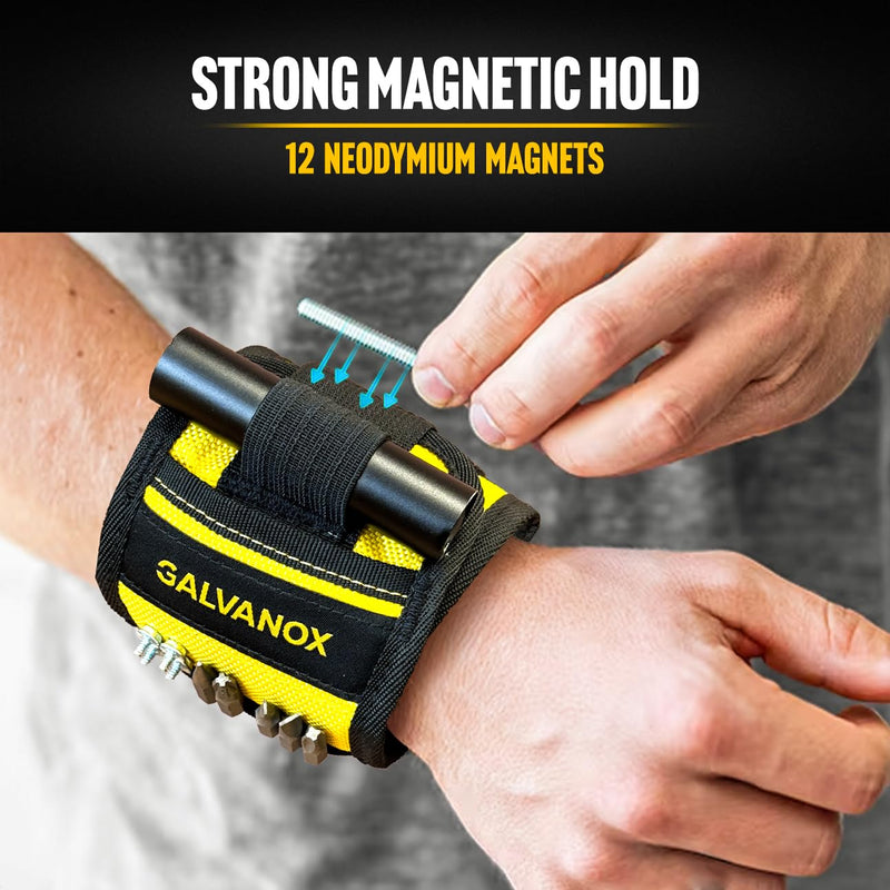 Galvanox Magnetic Wristband with Hands-Free Work Light (3-Mode) for Holding Screws Nails and Drill Bits, Durable Nylon with Powerful Magnets - Tool Gift for Men, Dad, Husband, Handyman (Yellow) Yellow