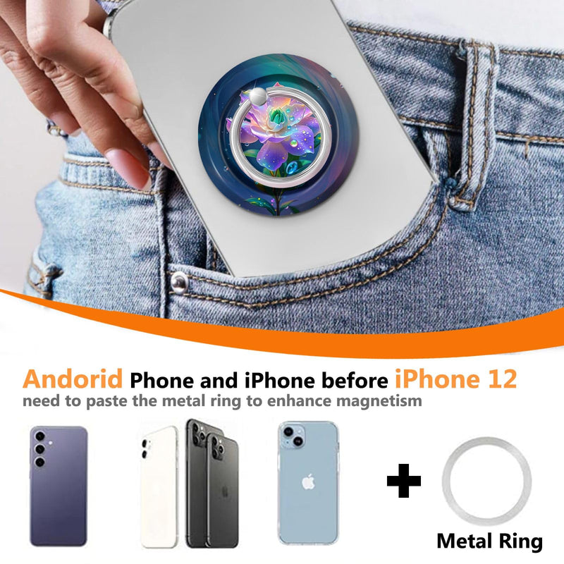 Magnetic Phone Ring Holder for MagSafe,Magnet Cell Phone Grip Pattern Design Stand Finger Ring Kickstand for Smartphone - Purple Pink Flower