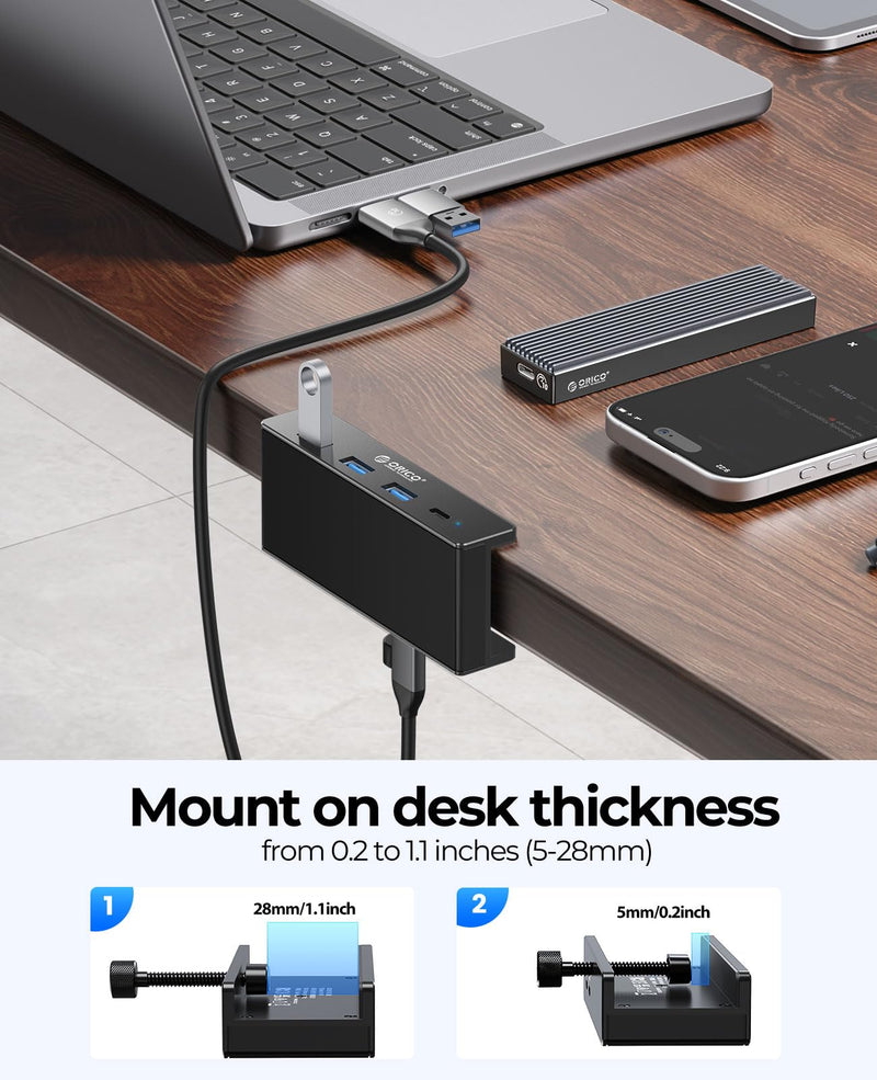 ORICO USB Hub 3.0, Clamp USB Hub with Extra Power Supply Port, Aluminum 4-Port USB Adapter with 3 USB-A Data Ports, USB-C Port for Monitors, Desks (Black) Black