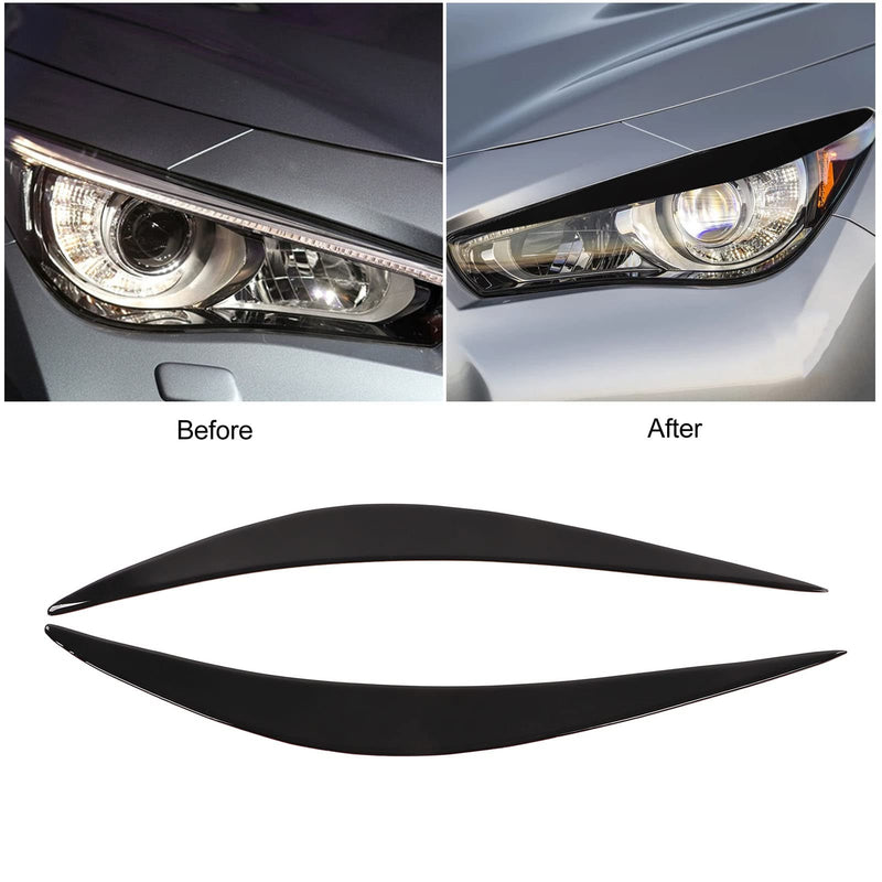 Glossy Black Headlight Cover Eye lid Eyebrows, Pair Headlight Eyelid Headlamp Eyebrow Strip Trim Compatible with Infiniti Q50 2014-2019