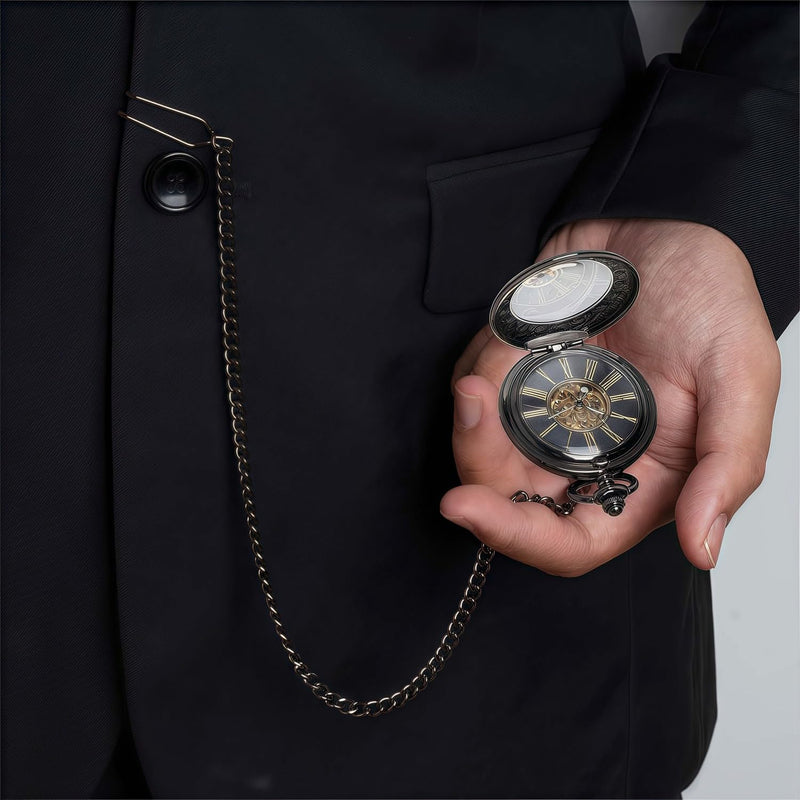 Mechanical Pocket Watch, for Men Women Special Magnifier Half Hunter Engraved Case Roman Numerals with Chain Af. Black Black + Wooden Box