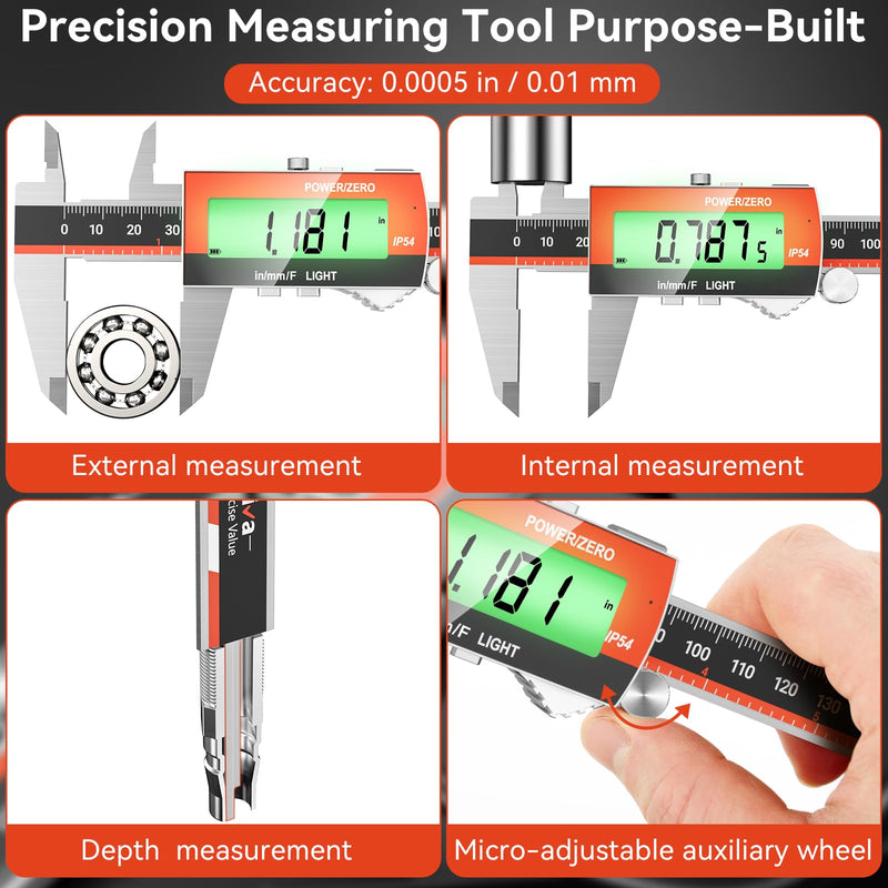 Preciva Digital Caliper, Rechargeable 6 inch Vernier Caliper with Large LCD Screen Stainless Steel Electronic Measuring Tool with Fraction/Inch/Metric Conversions, Auto-Off Feature