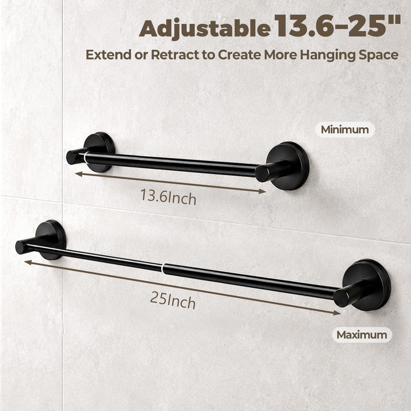 Adjustable Suction Cup Towel Bar – Towel Racks for Bathroom, 13.6-25 Inch, 2 Pack Stainless Steel Bathroom Towel Holder with 8 S Hooks, No Drill for Kitchen, Shower & Smooth Surfaces – Black