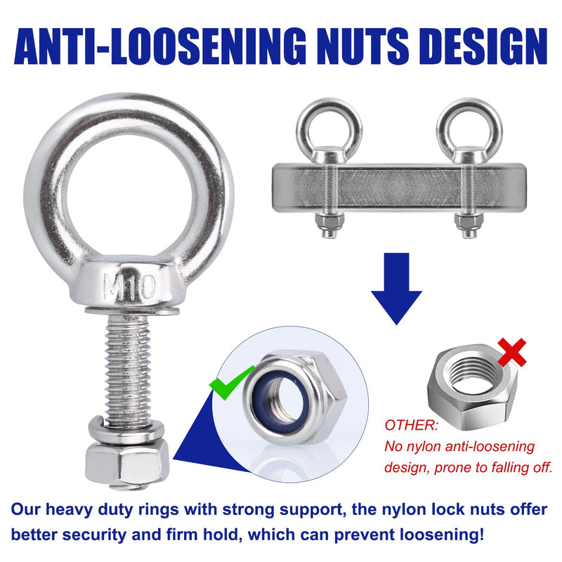 Eye Bolts with Nuts, M10 8Pcs EyeBolts 304 Stainless Steel Machinery Shoulder Lifting Ring Eye Bolt Heavy Duty Screws Bolt with Lock Nuts & Lock Washers, Flat Washers - Thread Length 35mm M10, 8 Pack