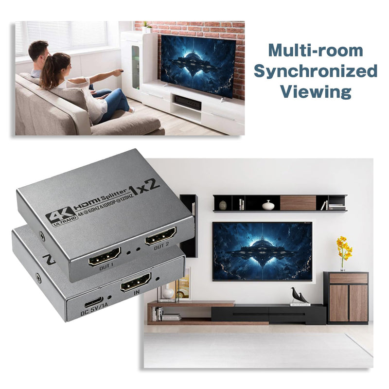 2026 Upgraded 4K@60Hz HDMI 2.0 Splitter 1 in 2 Out, 4K HDMI Splitter Duplicate Only, Support 18Gbps HDCP2.2 HDR 3D Dolby Vision, Compatible with TV Box, PS5, DVD Player Gery