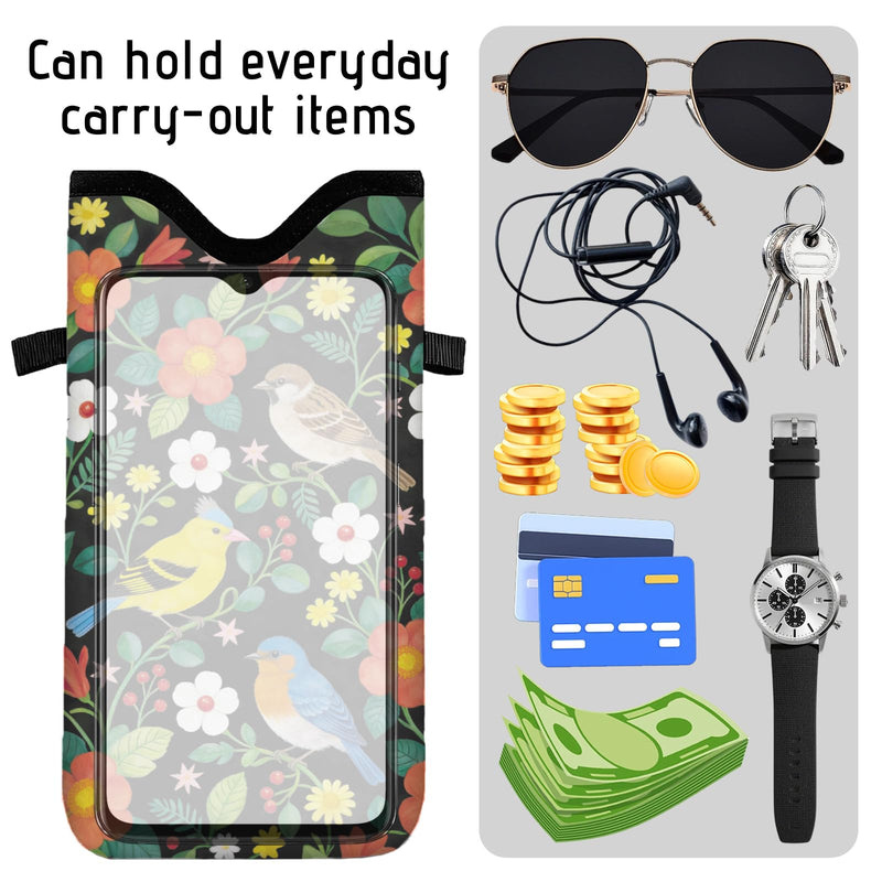 GLOBLELAND Flowers and Birds Cell Phone Sleeve Pouch Case Bag with Crossbody Strap Neck Lanyard for Women Men Flowers Birds