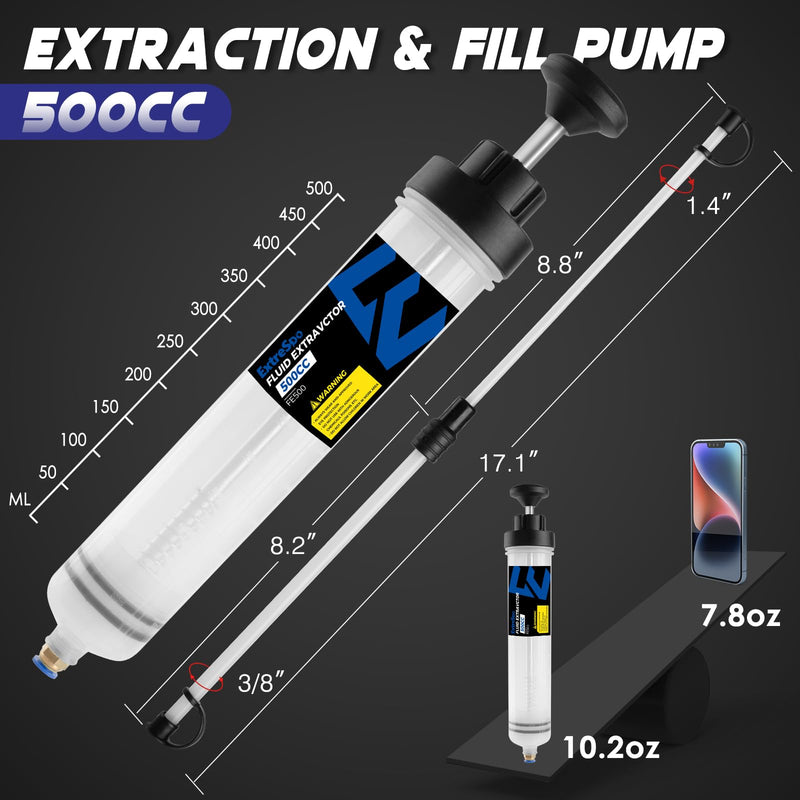 500CC Fluid Extractor, Fluid Syringe Pump, Oil Extractor for Cars Ships Engines Lawn Mowers Fluid Extraction and Filling, with 2 Transparent Hose 500CC