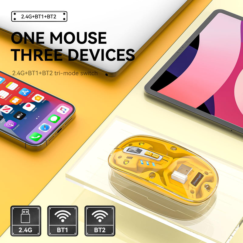 Uiosmuph G21 Bluetooth Mouse Wireless, Tri-Mode (BT5.1/5.1+USB), USB C Rechargeable, Quiet Click, Transparent Cover, Battery Level Visible, for Laptop/Mac/iPad - Yellow