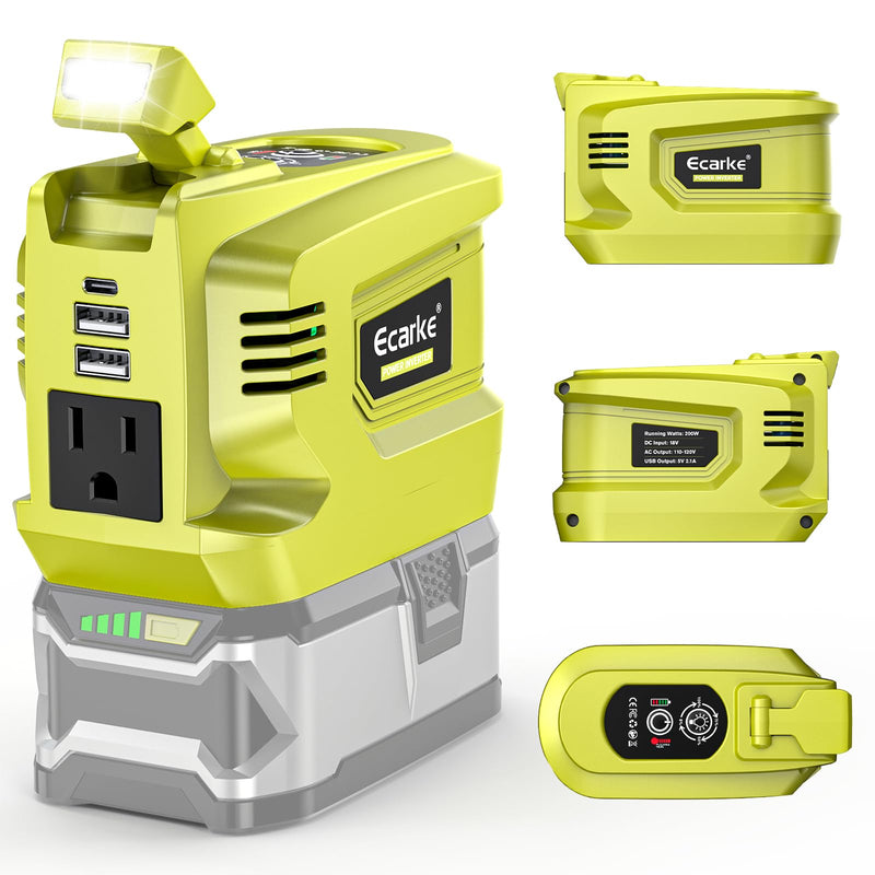 200W Portable Power Inverter Compatible with Ryobi 18V,Ecarke Real 200W Outdoor Generato Battery Converter with 2 USB&LED&AC Battery Powered Outlet,Convert DC 18V to AC 110V Portable Power Station Compatible with Ryobi 18V(no battery)
