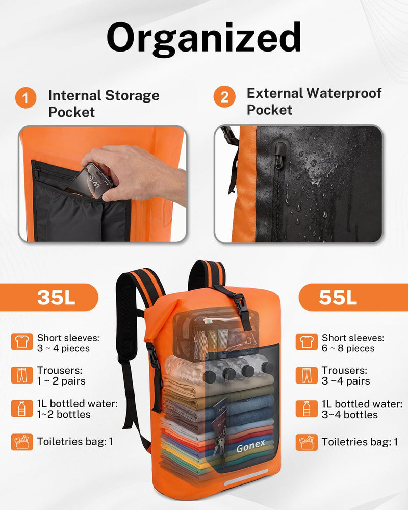 Gonex Waterproof Ultralight TPU Backpack 55L Roll Top Dry Bag, Kayaking | Back Padding, Camping, Fishing, Travel, Adjustable Straps, External & Internal Storage Pockets, Orange