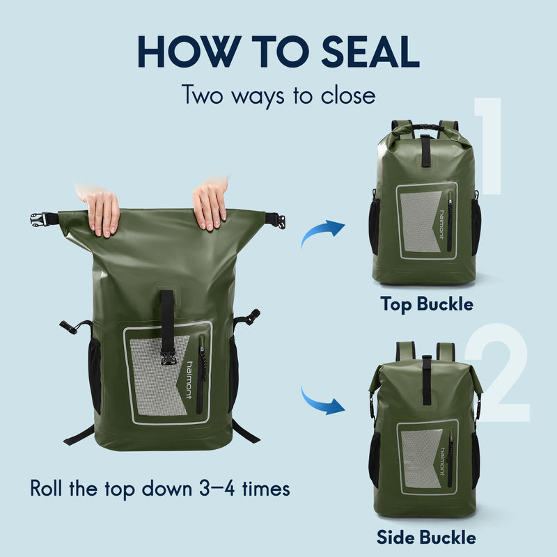 Haimont Waterproof Backpack Dry Bag Floating Roll Top Dry Sack Durable Backpack for Kayaking, Surfing, Rafting, Fishing, 30L Army Green