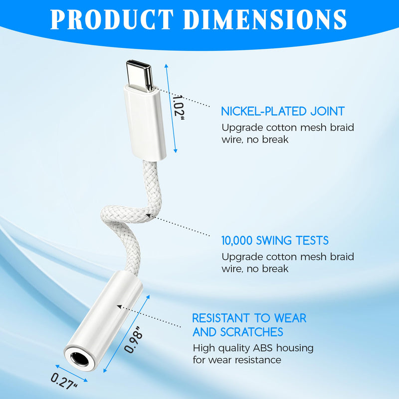 USB Type C to 3.5mm Headphone Adapter, 2 Pack Aux Audio Dongle for iPhone 17/16/15, iPad Pro, Samsung S23/S22/S21, MacBook Braided Cable