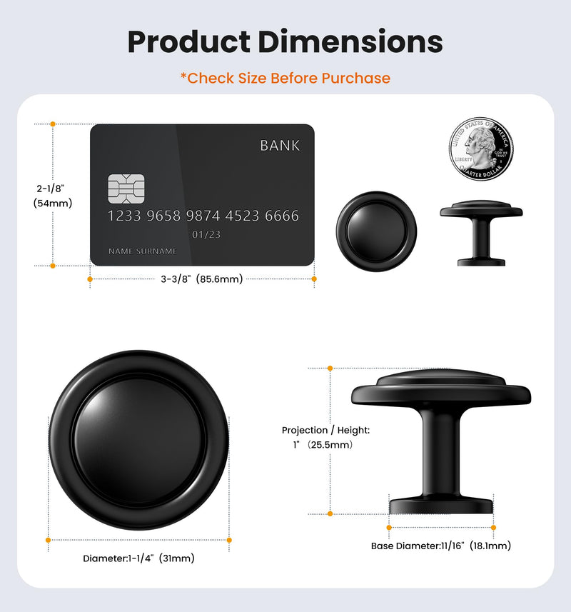 Veise 20 Pack 1-1/4 Inch Matte Black Solid Zinc Alloy Euro Style Cabinet Knobs, Single Hole Round Drawer Pulls for Kitchen Dresser Bathroom Vanity and Various Furniture