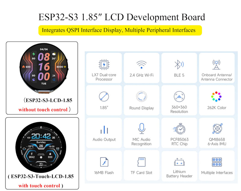 ESP32-S3 1.85inch Round Display Development Board, 360×360 IPS LCD, Dual-Core Processor Up to 240MHz, Audio Codec, Support Offline Speech Recognition and AI Speech Interaction, with 8Ω 2W Speaker