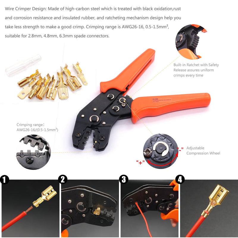 Twidec/640Pcs 2.8/4.8/6.3mm Quick Splice Male and Female Wire Spade Connector Crimp Terminal Golden Kit with Wire Terminal Crimping Pliers Tools 26-16AMG for Electrical Wiring Car Audio Speaker Gold 640PCS+SN-48B