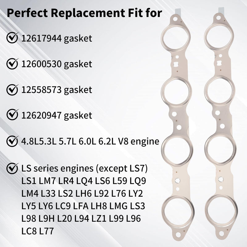 12617944 Exhaust Manifold Gasket Set Compatible with Silverado Sierra Suburban 1500 2500 HD Yukon CTS Escalade MLS LS LQ LM7 4.8L 5.3L 5.7L 6.0L 6.2L, Manifold Gaskets with Bolts