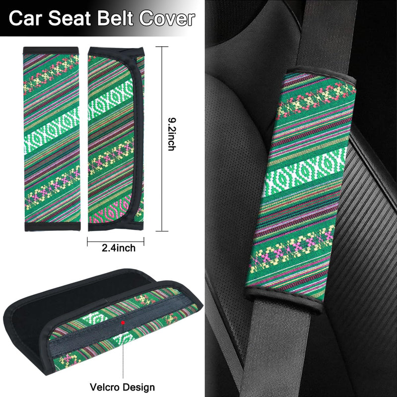 Boho Steering Wheel Cover Set, Seat Belt Cover and Armrest Pad Bohemian Cloth Car Steering Wheel for Women Flax Ethnic Style Steering Wheel Accessories Cover Anti-Slip Fits 14 1/2-15 Inch - Green Blue