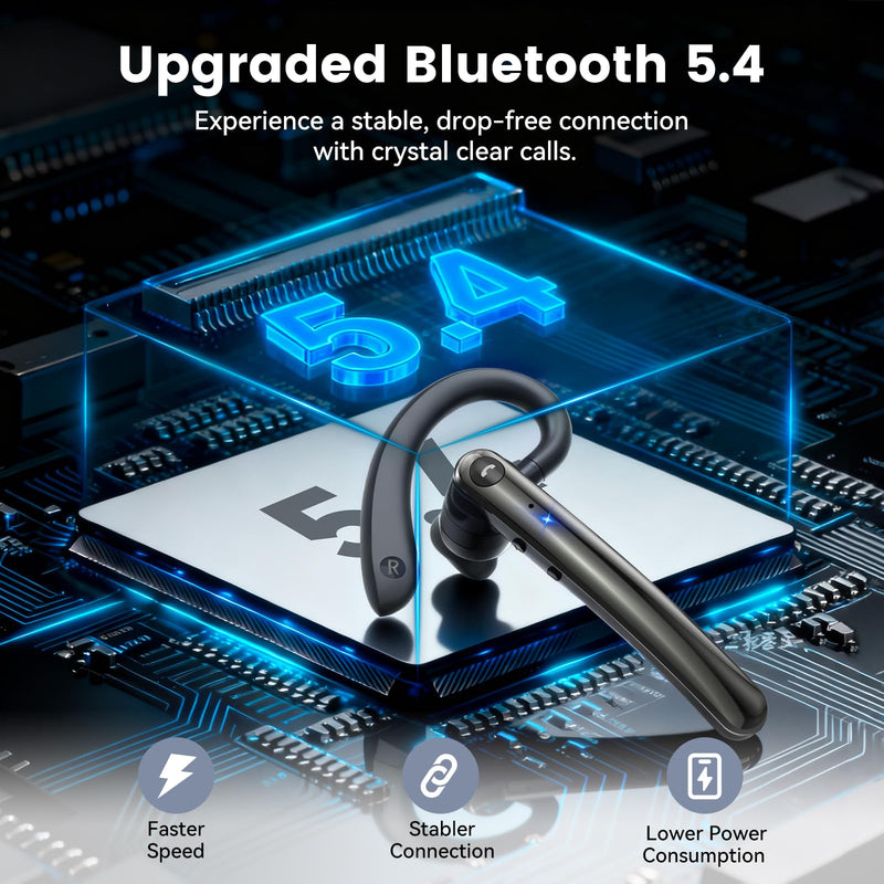 Bluetooth Headset, Wireless Bluetooth 5.4 Earpiece with 10Hrs Hands Free Talk Time, Single-Ear Headset with Noise Canceling Mic, Dual Pairing Headphones for Business/Office/Driving/Trucker/Android/iOS Black