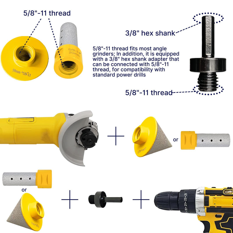 2" Diamond Cone Tile Bit, 4/5" Diamond Finger Milling Bit, 3/8" Hex Shank | Diamond Beveling Chamfer Bit Set, 5/8"-11 Thread, for Beveling, Chamfering, Enlarging, Trimming in Tile Ceramic Stone 2"(50mm)+0.8"(20mm)